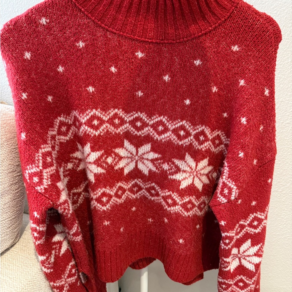 Pink Rose Red and White Snowflake Turtleneck Sweater